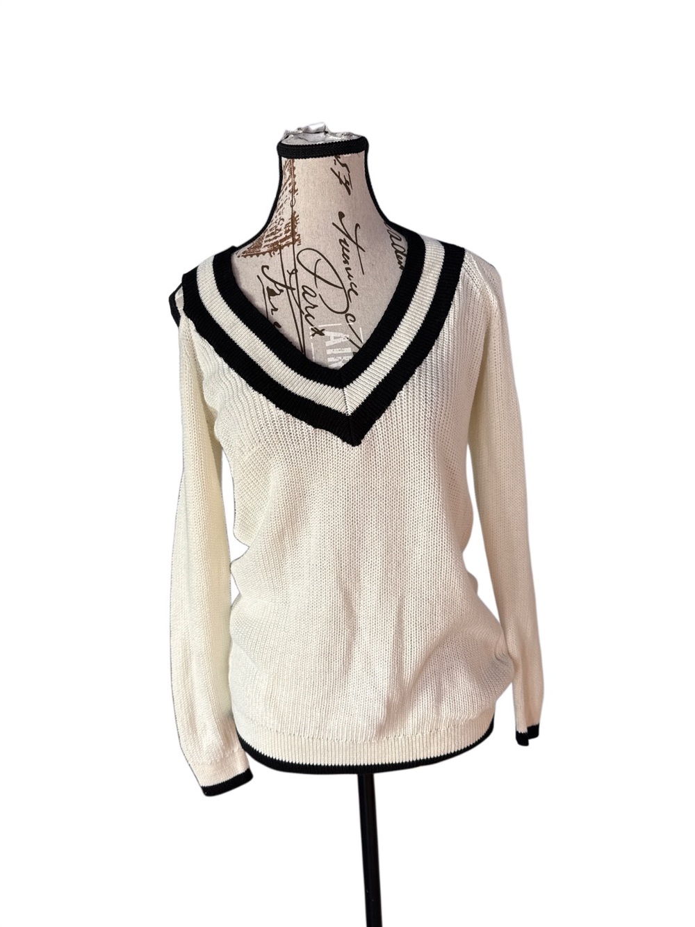 Guess Cream cold shoulder V-Neck Sweater with Black Trim - Women's Sweater, S